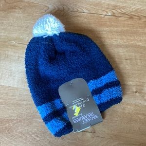Blue striped hat with pom-pom